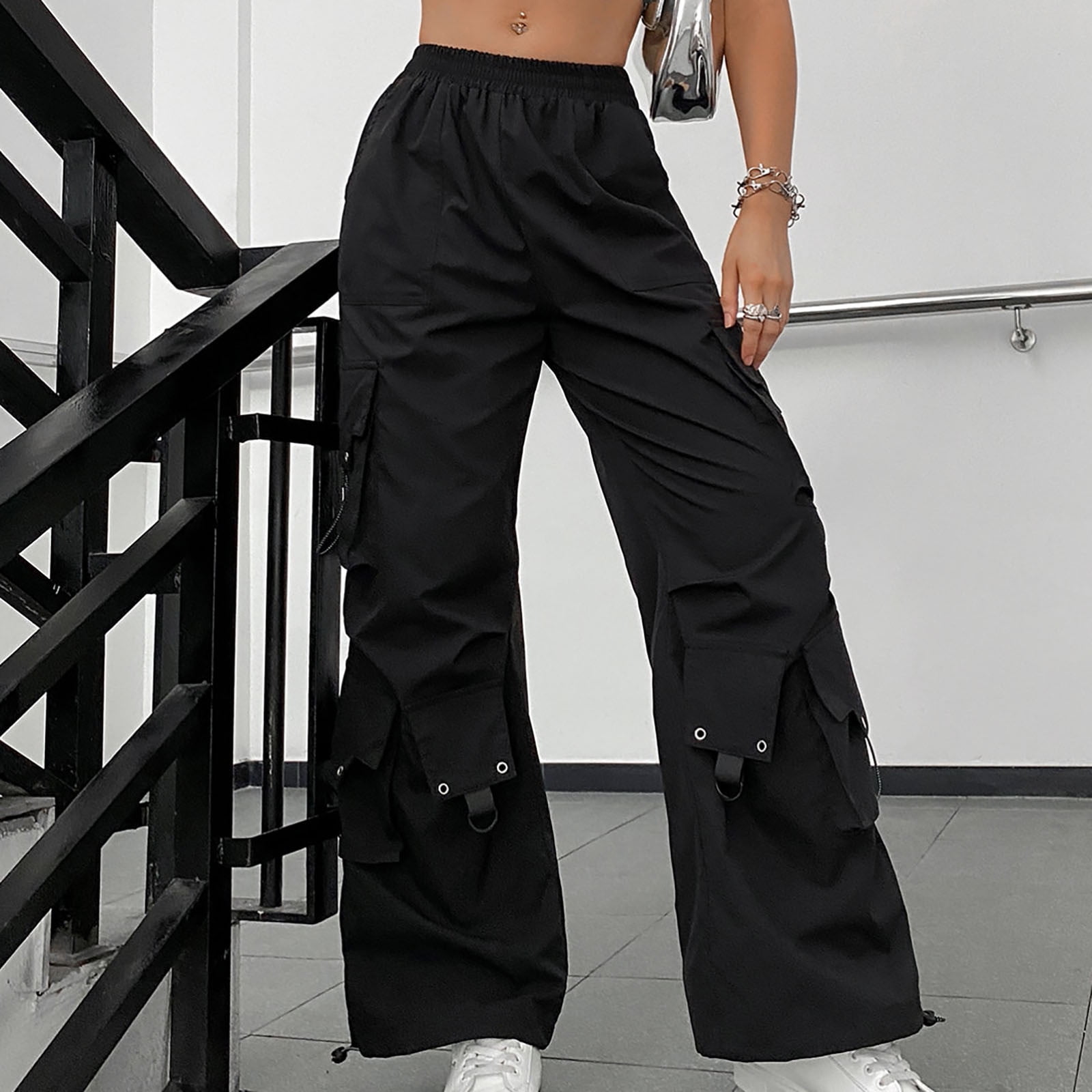 Black cargo pants elastic waist hot sale