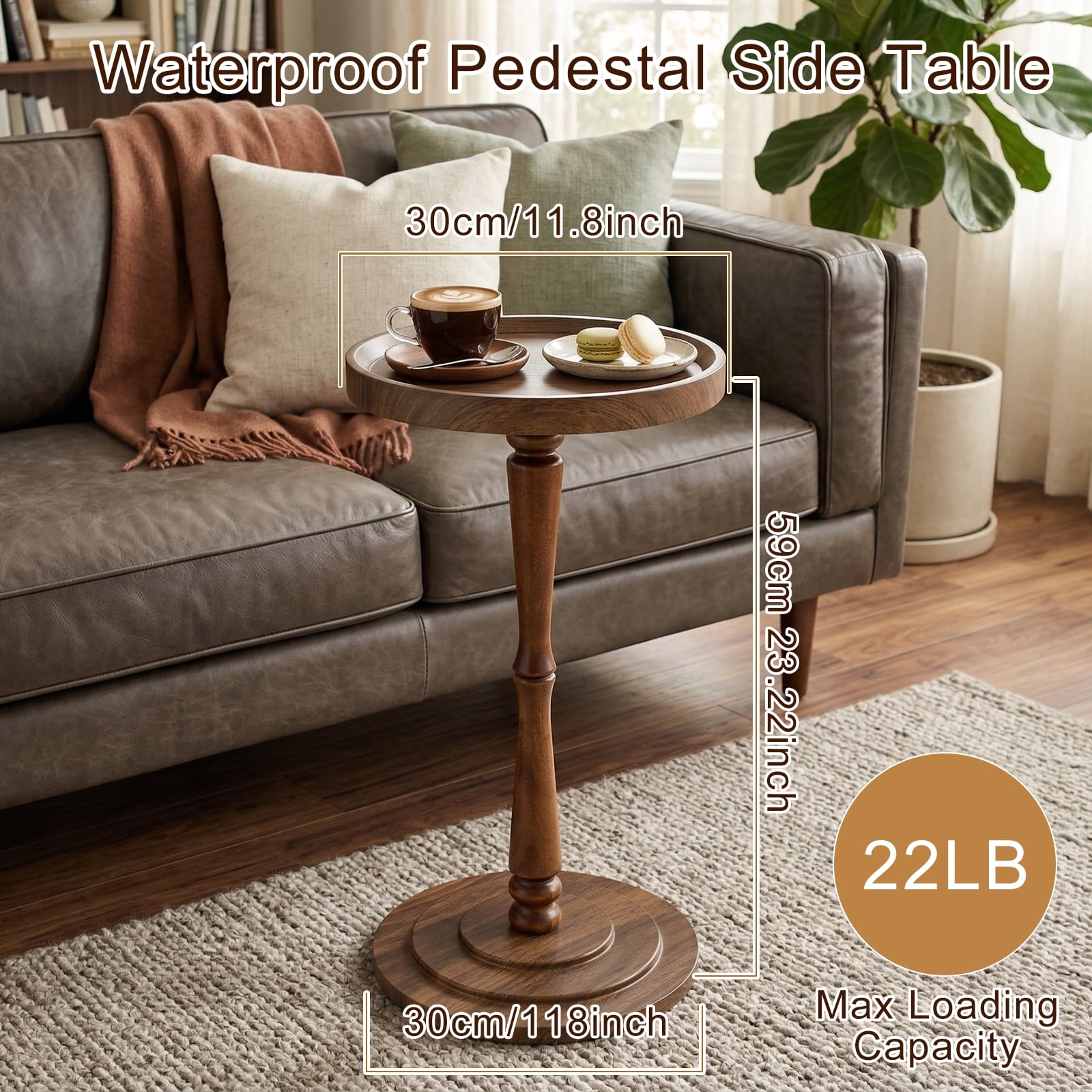 ManyFun Round Side Table, Wood Drink Table for Small Spaces, Round End Table for Living Room, Bedroom, Sofa Couch, Corners (Brown Spindle-shaped)