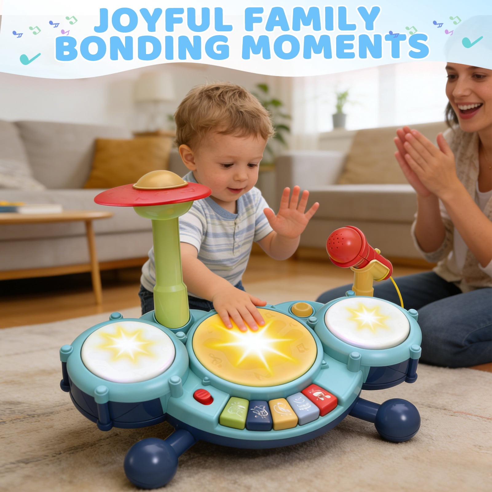 Leimiao Kids Drum Set for Toddlers, Montessori Musical Toys with Microphone, Learning Developmental 1-4 Years Baby Gift (Blue)
