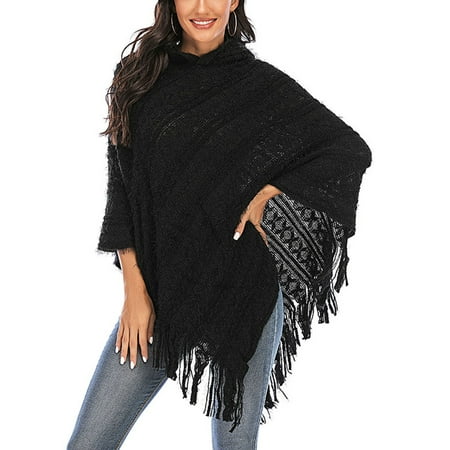Women's Hooded Poncho Knit Poncho Pancho Blanket Poncho Hoodie Cape Shawl with Tassels