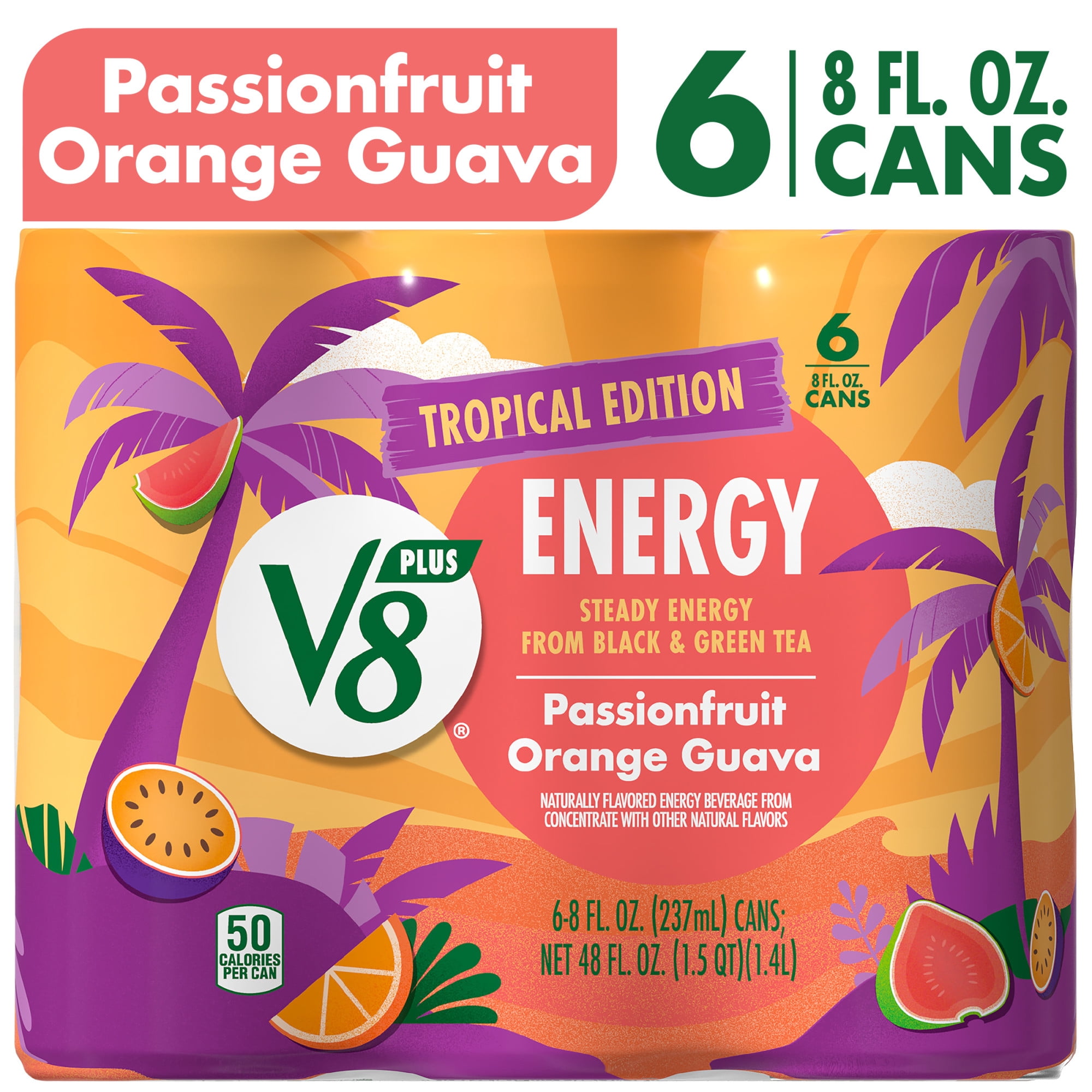 V8 +Energy Passionfruit Orange Guava Juice Energy Drink, 8 fl oz Can, 6 Count