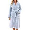 thumbnail image 3 of Women's Plush Fleece Bathrobe with Embroidery - Thick Long Sleeve Shawl Collar Robe with Belt and Pockets, Absorbent Mid-Length Lounge Wear for Winter, 3 of 8