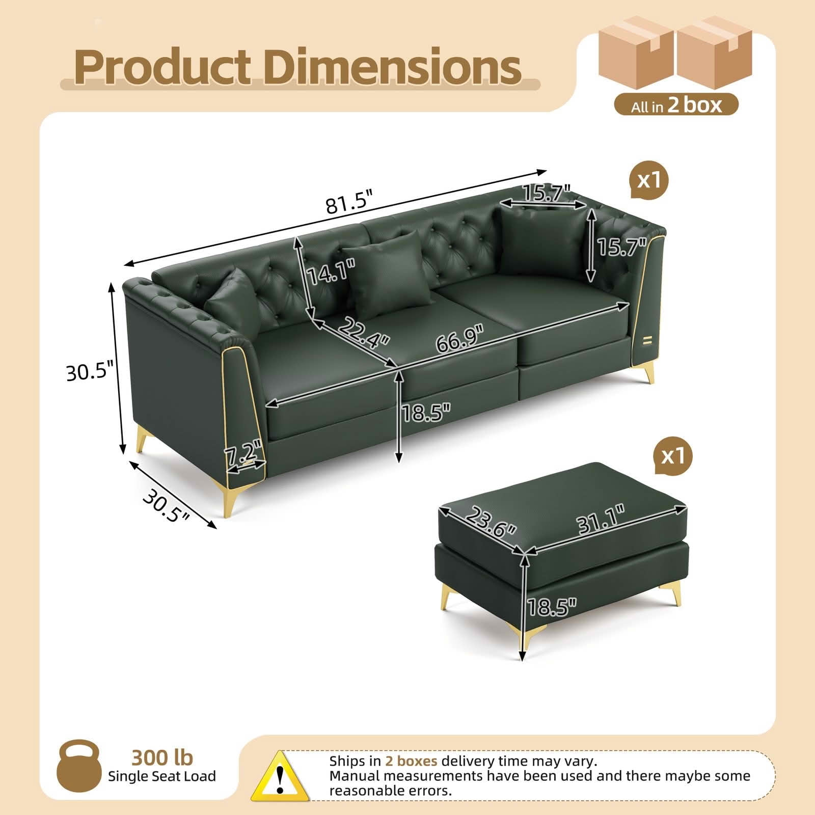 MAYEERTY 81.5" Light Luxury Modular Chesterfield 3‑Seater Sofa, Faux‑Leather Couch with Button Tufting, Metal‑Trim Armrest & Slim Metal Legs, 3 Pillows Included