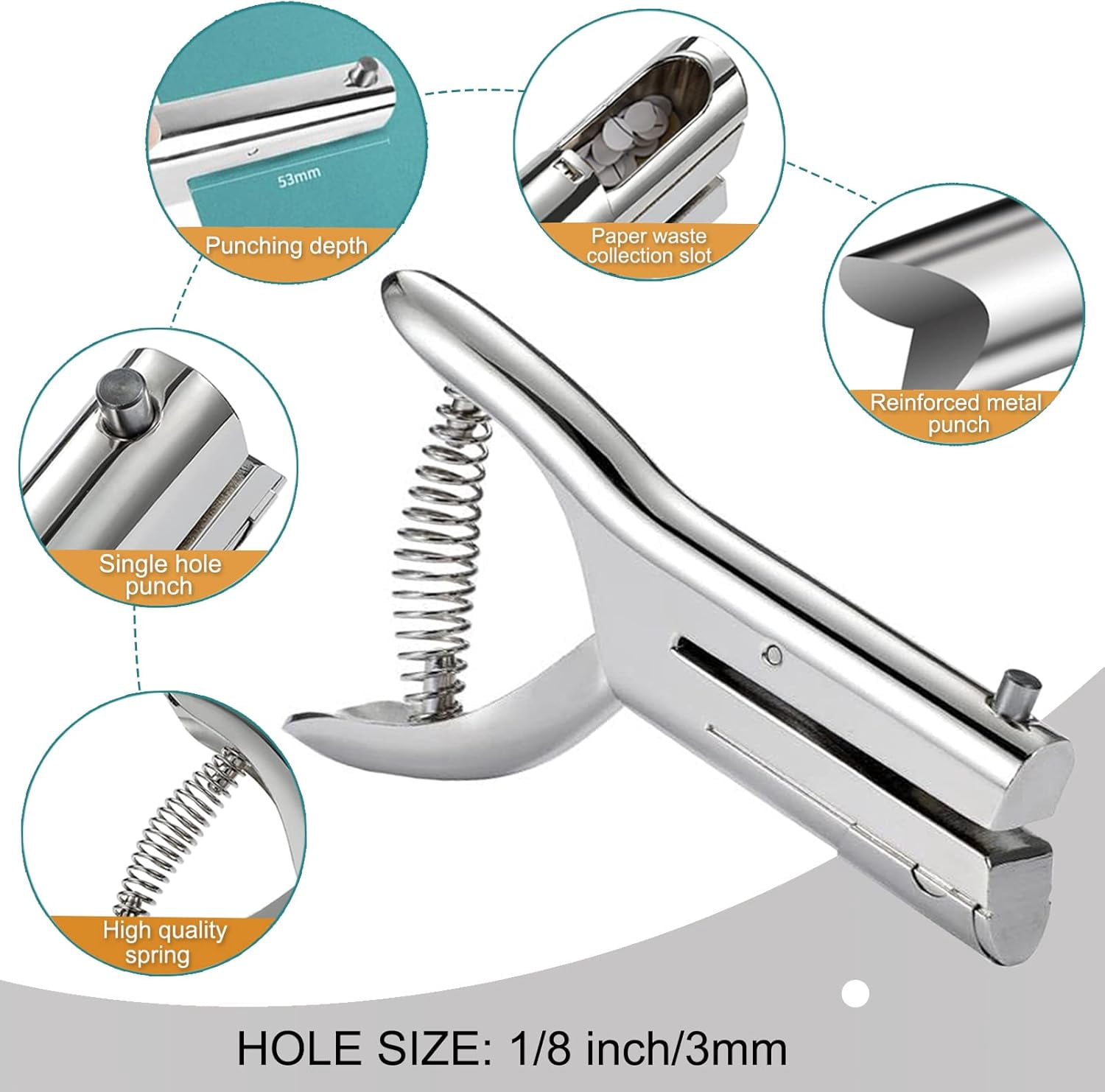 ABCISI 1/8 Inch Single Hole Punch - 2 Inch Reach Deep Throat Heavy Duty Paper Punch - Portable Hand Held Long Reach for ID PVC Cards Plastic Cardboard Photos