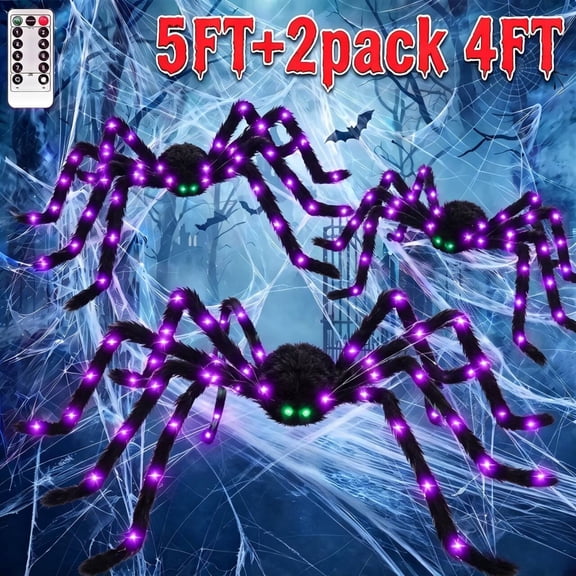 Leyaron Halloween Spider Decorations Set, 5FT and 2 Pack 4FT Lighted Giant Spider Decorations for Halloween Party Indoor Outdoor Yard Home Decor