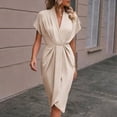 thumbnail image 2 of WRKEKC Summer Dresses for Women Solid V Neck Short Sleeve Cinched Waist Maxi Soft Breathable Fabric Chic Soft, 2 of 7