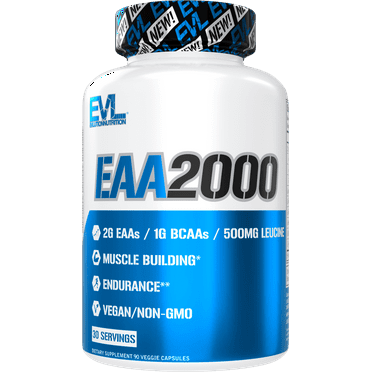 Evlution Nutrition EAA2000 - Pre & Post Workout Capsules - Muscle Building   Recovery Supplement - 2g Essential Amino Acids   1g BCAAs - Endurance   Energy Support - 30 Servings