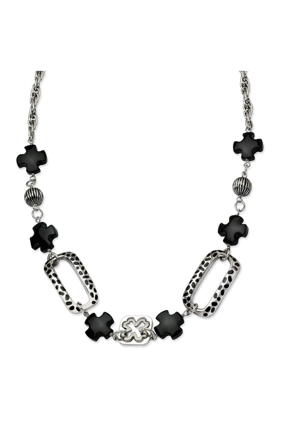 White Stainless Steel necklace Gemstone Agate Black Resin 24 in 20 mm