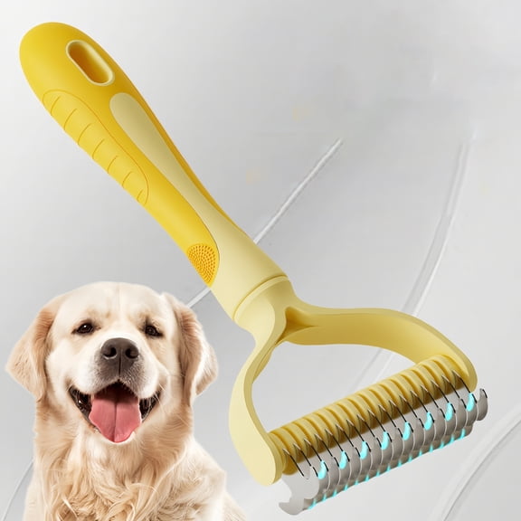 Dematting Comb for Dogs/Cats, 2-Sided Undercoat Detangler Brush for Shedding, Matted Hair & Fur Remover, Painless Pet Grooming Rake with Non-Slip Handle (Yellow,Large)