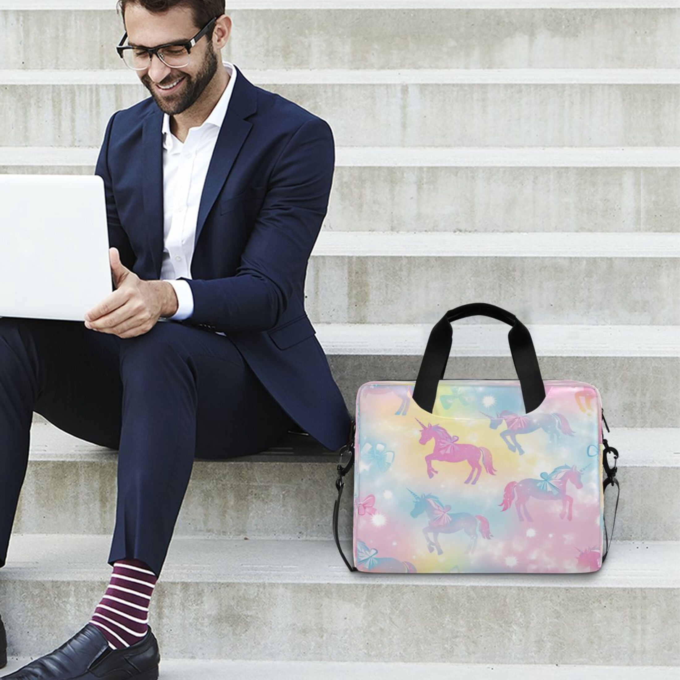 16" Laptop Tote Bag Laptop Sleeve Case Computer Briefcase for Work & Travel Pastel Unicorns and Bows