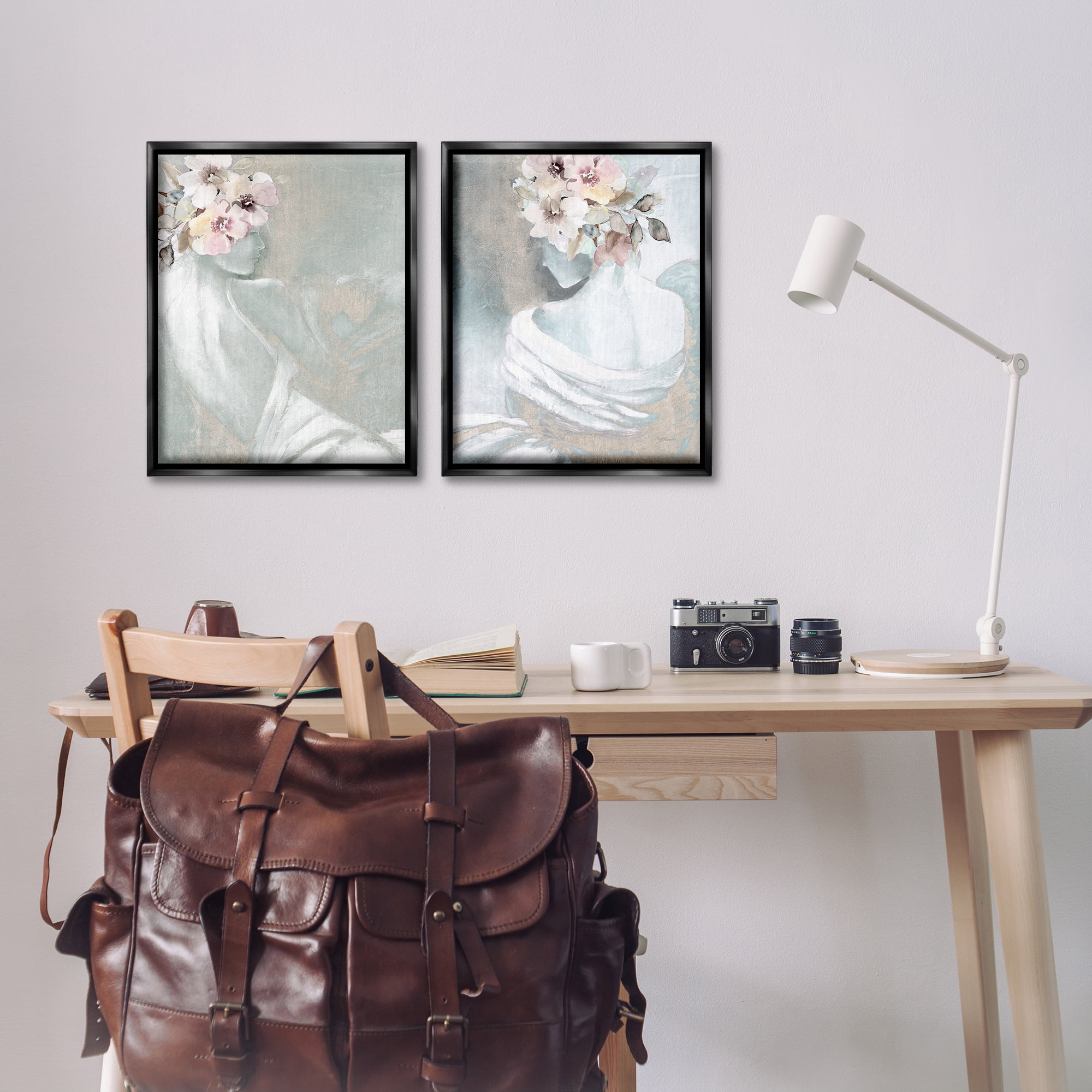 Stupell Industries Female Figure Floral Pose People Painting Black Floater Framed Canvas Art Print Wall Art, 17 x 21, Set of 2