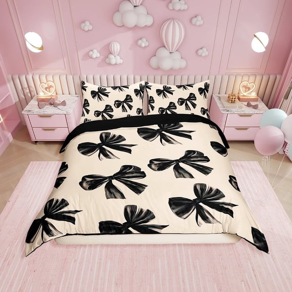 Bow Bedding Set Twin Black Bow Tie Comforter Cover Teen Adults Room Decor,Watercolor Bowknot Duvet Cover Black White Simple Decor Bedspread Cover