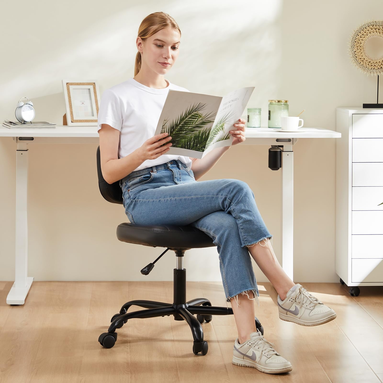 edx Adjustable Height Armless Office Desk Chair with Wheels, PU Leather Mid Back 360°Swivel Small Computer Chair, Modern Task Chair for Home Office Reading Meeting Room, Black