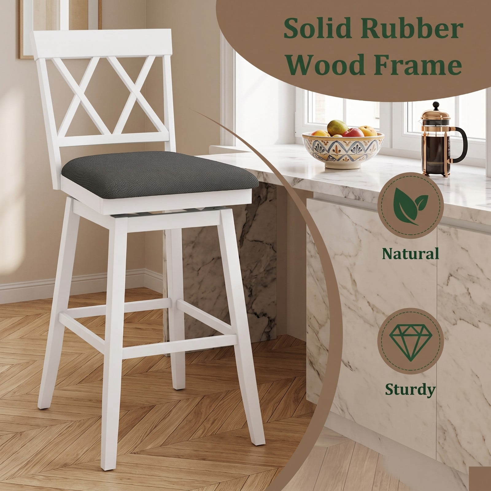 Furnibear Set of 2 Swivel Bar Stools 29 Inch Counter Height Barstools with Backrest Upholstered Linen Seat Cushion Rubber Wood Frame for Kitchen Island Pub, Oak White