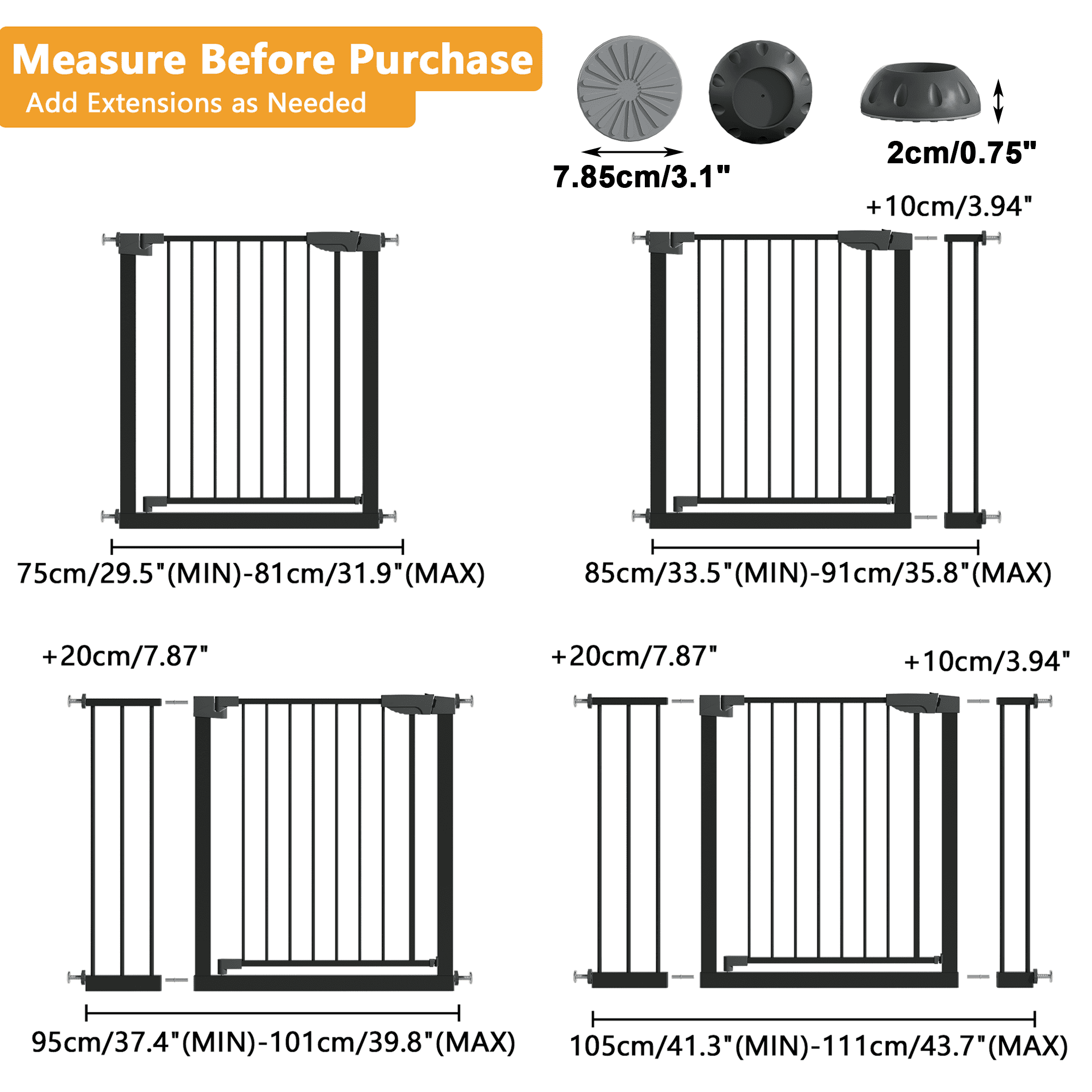 Leumius 29.5-45.3" Wide Baby Gate with Wall Protector for Stairs and Doorways, No Drilling Pressure Mounted Pet Gates for Kids, Easy Walk Through Safety Gate Black