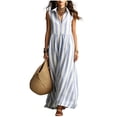 thumbnail image 3 of ClodeEU Women's V Neck Half Button Striped Sleeveless Maxi Dress with Pockets,Casual Loose A-Line Summer Swing Dress Gray,Women's Plus XXL, 3 of 5