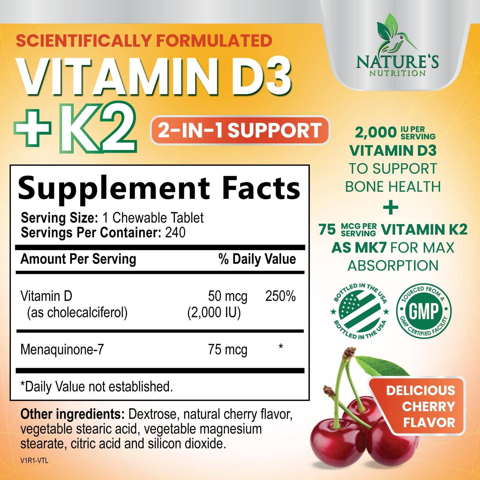 Nature's Nutrition Vitamin D3 K2 2000 IU, Calcium Absorption, Bone