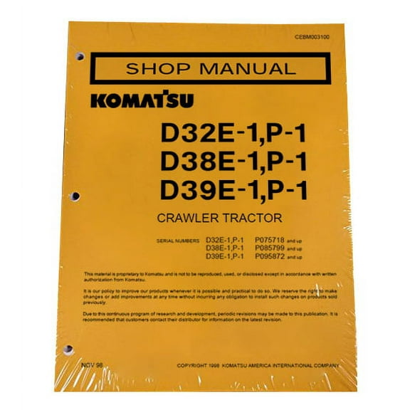 Komatsu D32E-1, D32P-1, D38E-1, D38P-1, D39E-1, D39P-1 Series Bulldozer Workshop Repair Service Manual - Part Number # cebd003100