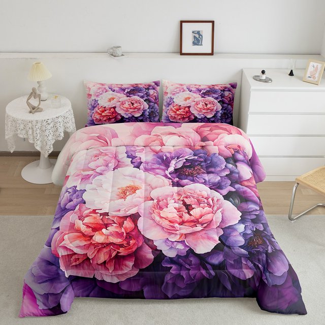 Erosebridal Romantic Flower Bedding Sets Queen with Comforter, Floral Print Duvet Insert, Spring Floral Decor, Reversible 3pcs