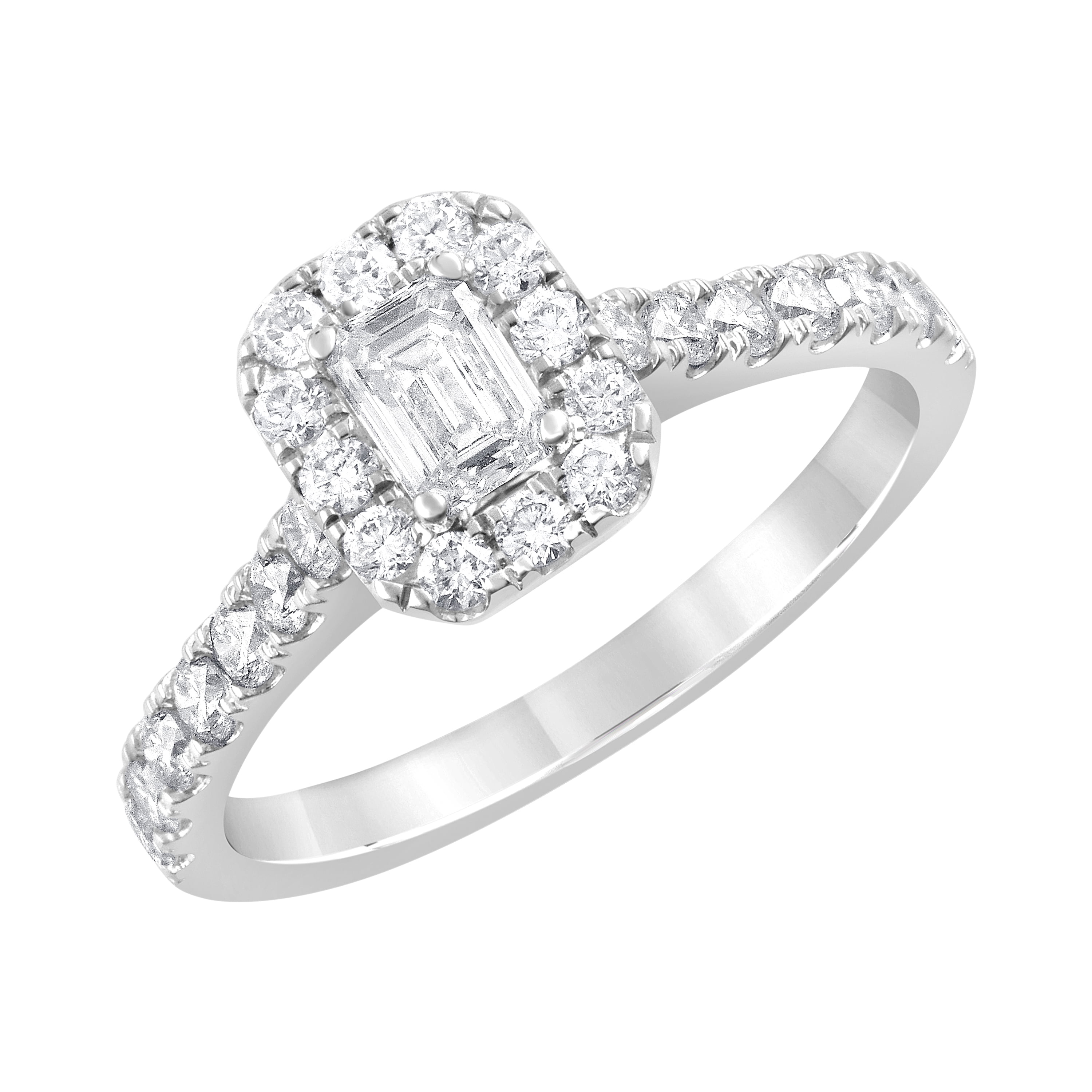 Unique Moments 1 ct Lab Grown Diamond Halo Emerald Engagement Ring in 14K White Gold (G-H, SI1-SI2)