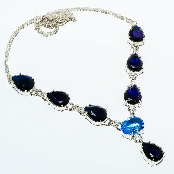 Blue Sapphire (Simulated) 925 Sterling Silver Tennis Necklace 17.99" TN7525-157, Beautiful Jewelry For Woman, New Year Sale, Valentin's Day Gift