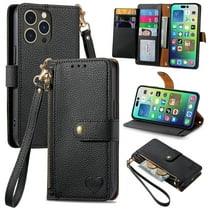 Wallet Case for iPhone 13 Pro Max Women Men, Durable PU Leather Magnetic Flip Lanyard Strap Wristlet Zipper Card Holder Kickstand Wallet Phone Case Cover Full Body Protection, Black