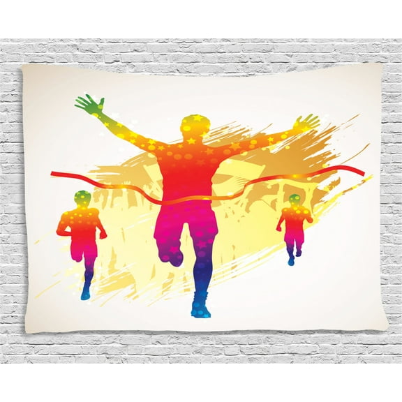 Olympics Decorations Tapestry, Silhouette Winner Man on Grunge Background Colorful Illustration, Wall Hanging for Bedroom Living Room Dorm Decor, 60W X 40L Inches, Yellow Puple, by Ambesonne