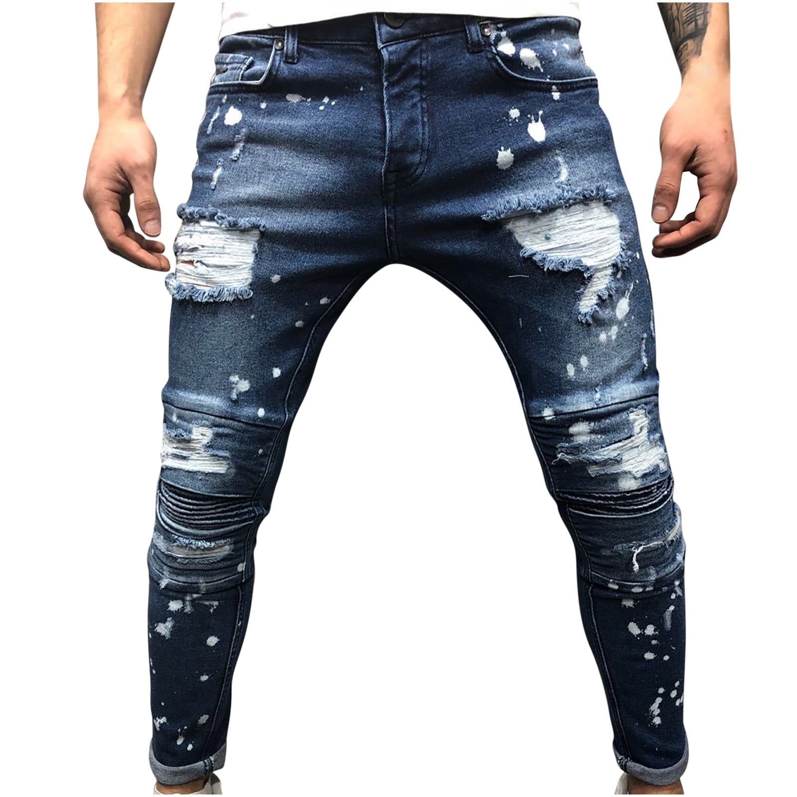CEHVOM Men's New Tight-fitting Ripped Straight Hip-hop Stretch Motorcycle Denim Trouser