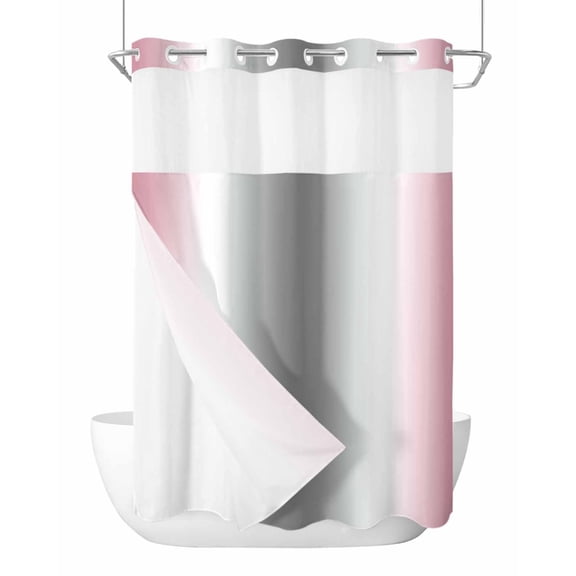 No Hook Shower Curtain with Snap-in Liner, Pink Grey Waterproof Fabric Bathroom Curtains, Gray Farmhouse Modern Rustic Bath Curtains & Mesh Top Window 60"x72"