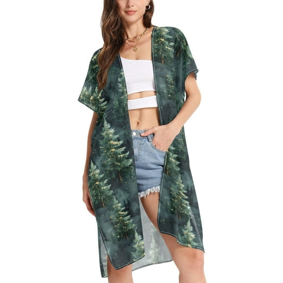 ALAZA Women's Beach Cover Up Christmas Trees Plant Kimono Swimsuit Summer Cardigan Swimwear M