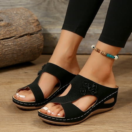 

Mule Clogs Shoes for Women Summer Bohemian Flowers Leather Slip on Sandal Ladies Loafer Wedge Garden Shoes