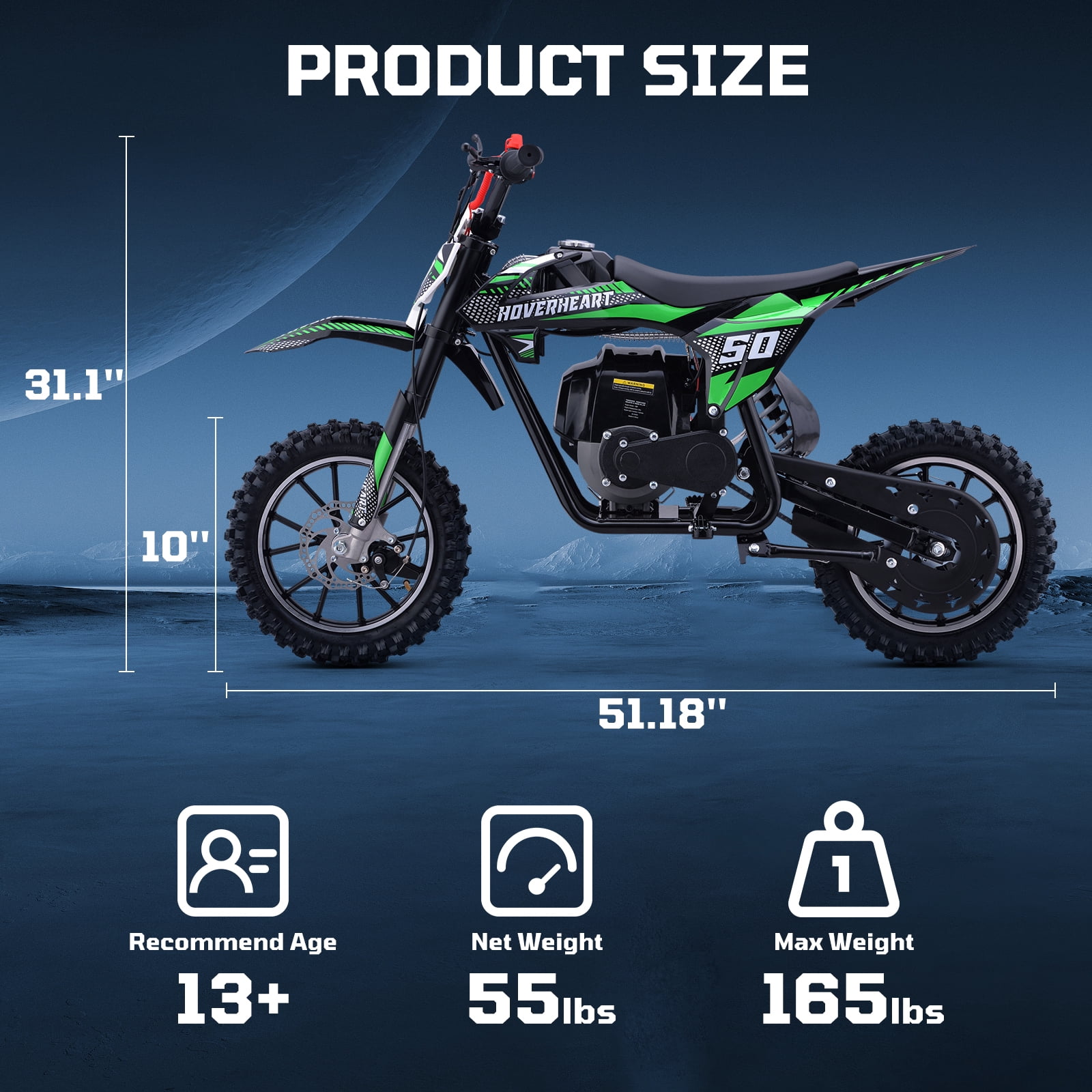 50CC 4-Stroke Dirt Bike for Adults & Teens & Kids,Professional Dirt Bike with Dual Disc Brakes,Double suspension and Anti-slip Off-Road Tires, Gas Dirt Bike Max Load 180 lbs,Green