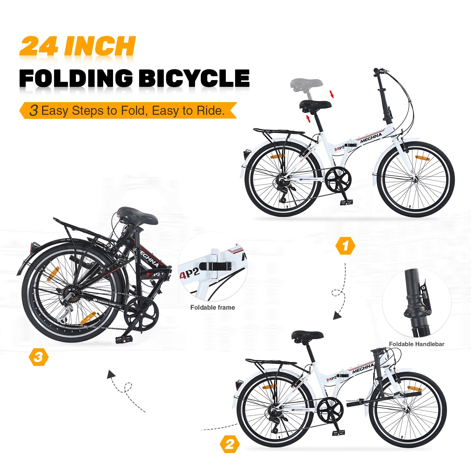 24-Inch Folding Bike with Steel Frame, Shimano 7-Speed