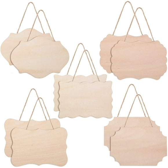 10 Pieces Unfinished Blank Sign Hanging Wood Sign Decorative Wood Plaques for DIY Craft, 5 Designs