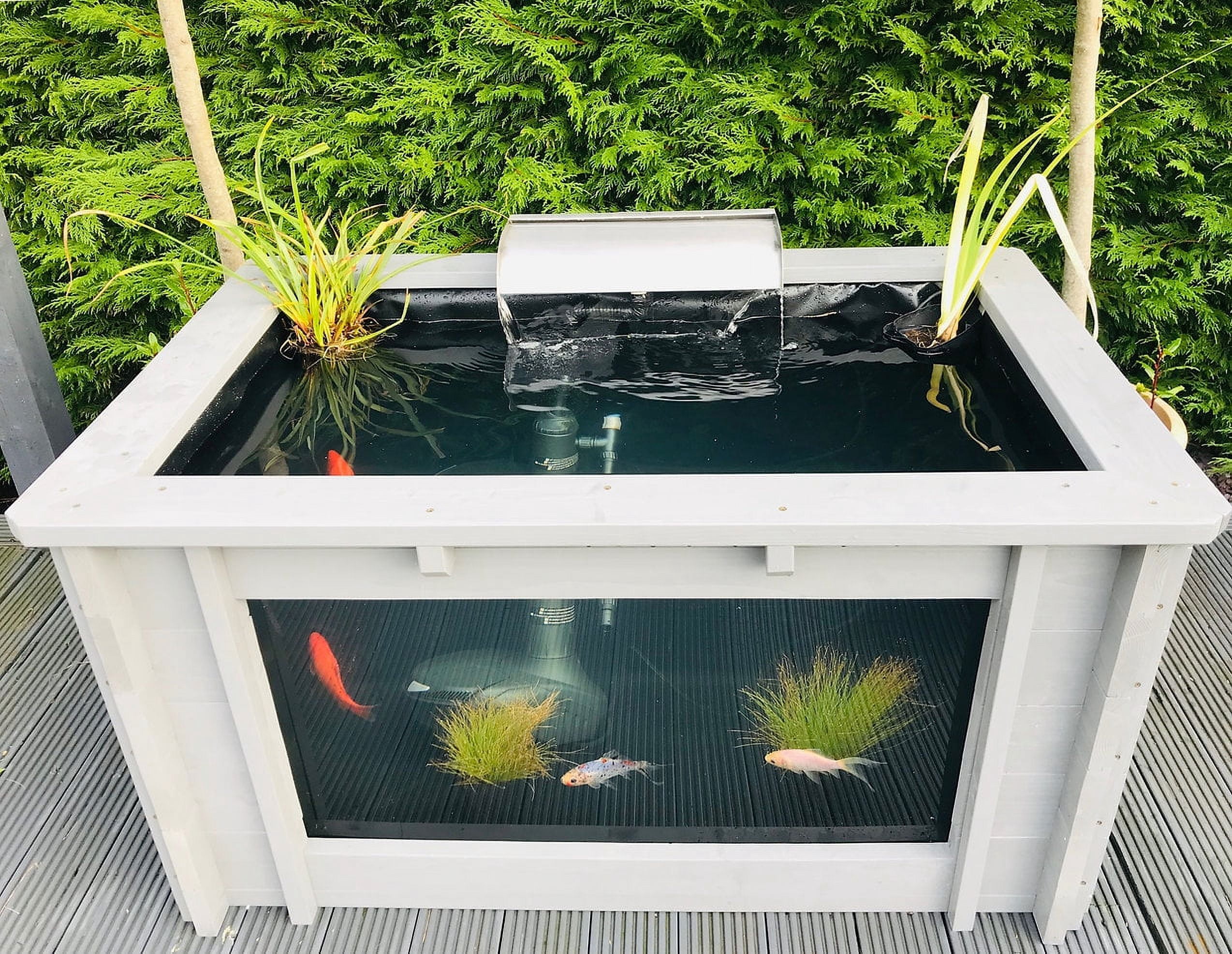 Raised Rectangle Wood Pond with Large Window Iris Clear View Garden Aquarium in Gray - 138 Gallon.