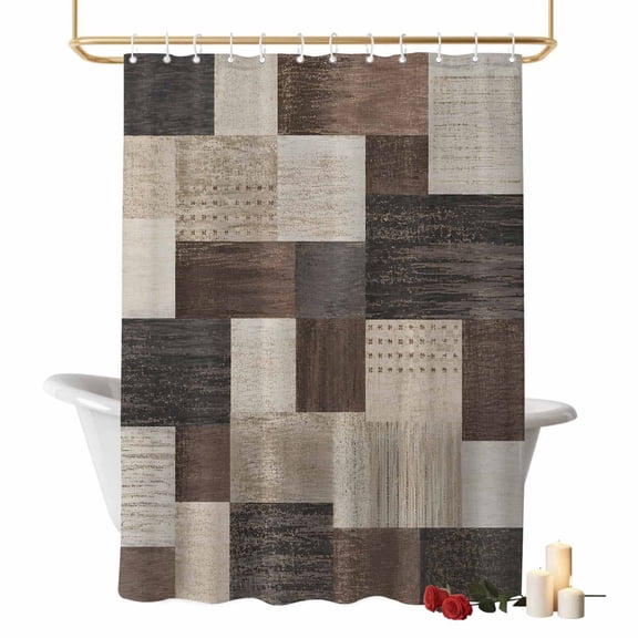 Brown Block Bathroom Shower Curtains with Hooks, Micro Knit Mosaic Tiles Charcoal Plaid Industrial Waterproof Fabric Washable Shower Curtain for Home Hotel Bathtub Decor 36x78 Inch