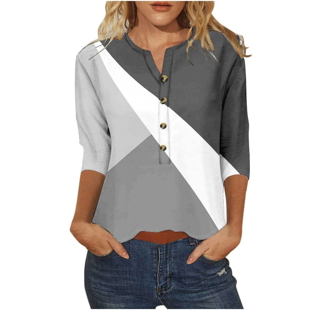 Tops de Algodón para las Mujeres Impreso Botón 3/4 Manga Suelta Tee, Suave Casual 3/4 Manga Superior