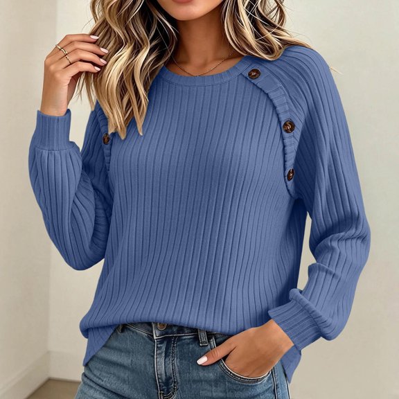 Xdegoge Womens Crewneck Ribbed Sweater Long Sleeve Pullover Tops with Button Shoulder Details Casual Fall Winter Knit Elegant Basic Fitted Knitwear