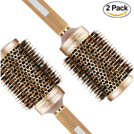 GLiving Nano Thermic Ceramic & Ionic Round Barrel Hair Brush with Boar Bristle, Best Roller Hairbrush for Blow Drying, Curling&Straightening, Volume&Shine (2 (Best Paddle Brush For Blow Drying)