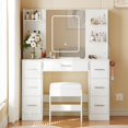 thumbnail image 1 of Ensemble de Coiffeuse Blanche avec Miroir et Tabouret, 3 Modes d'Éclairage à Luminosité Réglable, Prise de Courant Intégrée, Support pour Sèche-Cheveux et 7 Tiroirs, Table de Maquillage pour Chambre Femmes Filles, 1 of 6