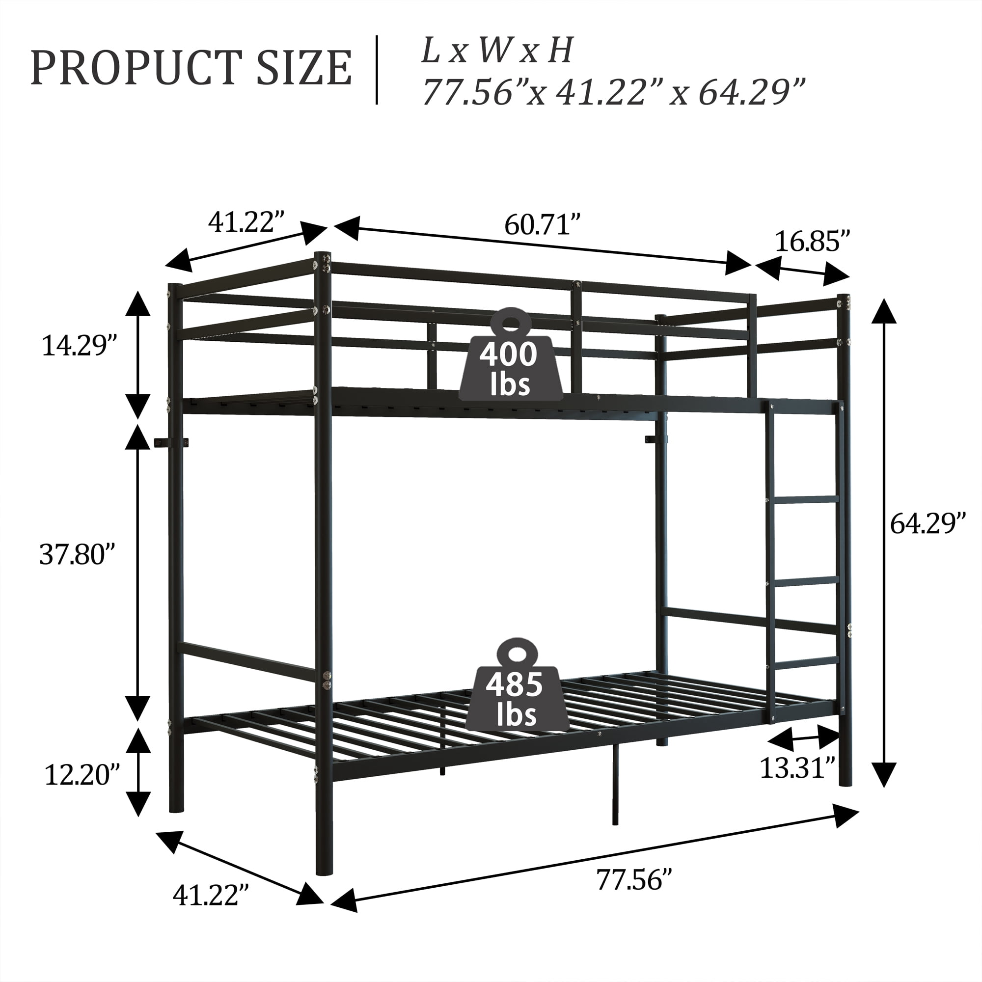 GARITIN Bunk Bed Twin over Twin with High Guardrails and 19 Slats, Space-Saving Metal Bed Frame and Heavy Duty Bunk Beds for Adults, Black