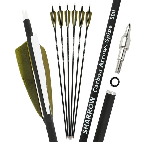 6pcs Real Feather Carbon Mixed Arrows 30inch 500 Spine with 4-inch Shield Fletching – Target Practice Archery