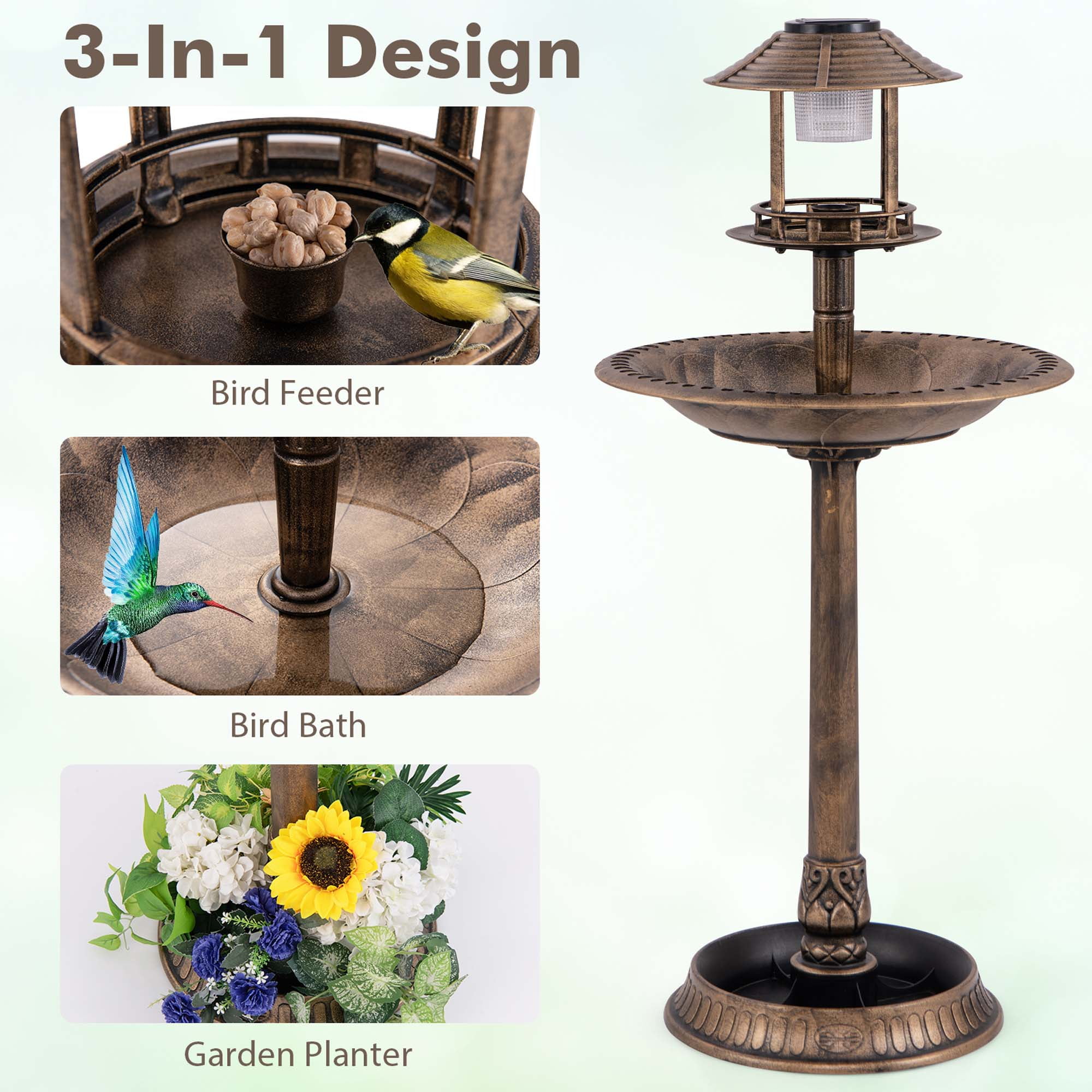 Costway 3-In-1 Pedestal Bird Bath with Solar Light with Bird Feeder & Flower Planter Antique Bronze