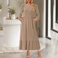thumbnail image 2 of SMihono Fashion Women's Spring Balloon Long Sleeve Maxi Dresses 2025 Casual Knit Crew Neck Tiered Flowy Pockets Dress High Waist Ruffle Smocked Dress Khaki 4, 2 of 7