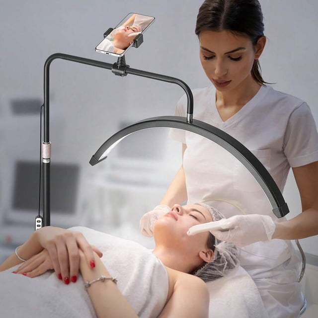 Lampe Demi-Lune pour Esthéticienne, Lampe sur Pied DEL de 23 Pouces à Intensité Réglable pour Extensions de Cils, Lampe Arquée pour Cils avec Support pour Téléphone, Télécommande, pour Beauté, Soins de la Peau, Sourcils, Tatouage