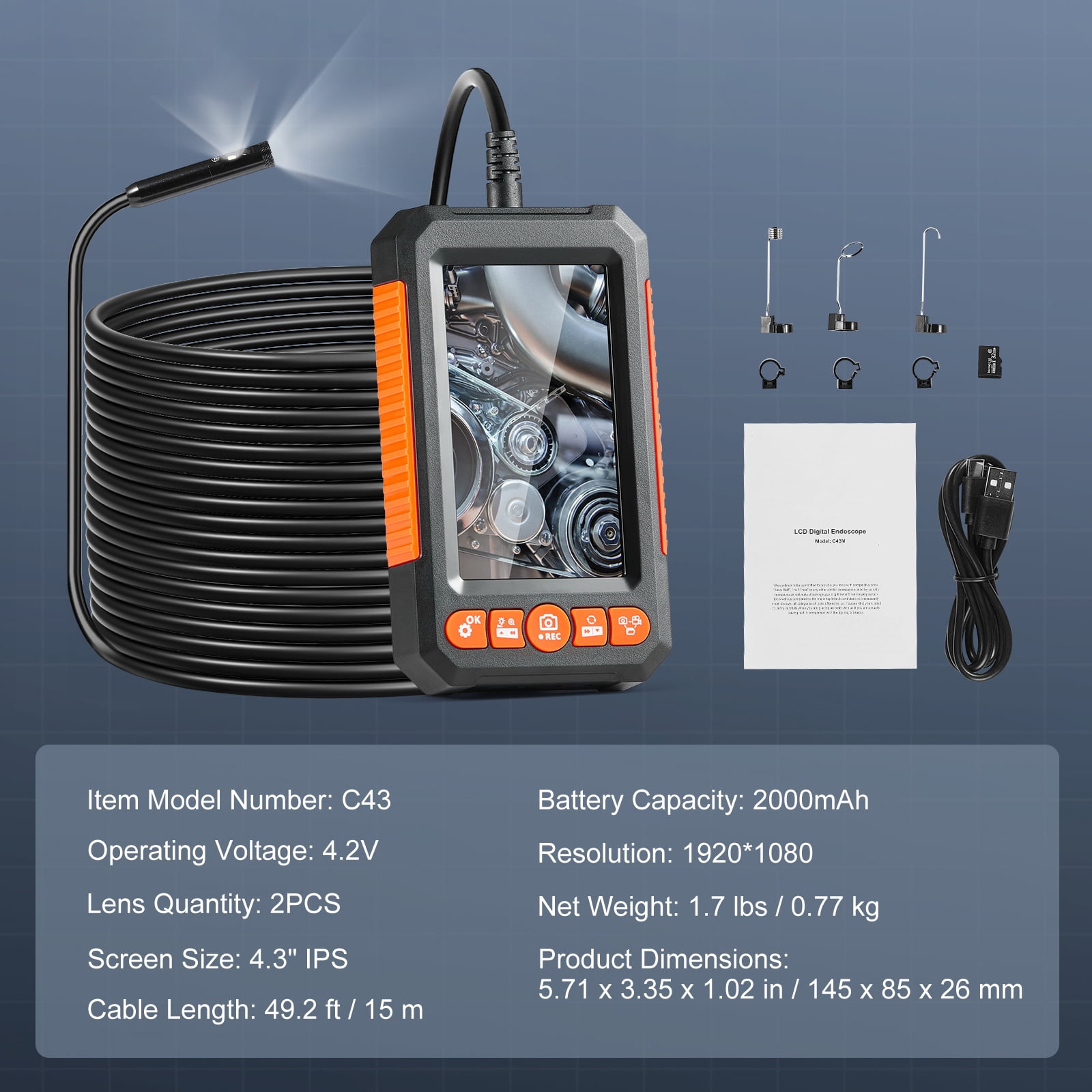KFFKFF Endoscope Camera with Lights, 49.2FT Semi-Flexible Cable, 4.3" Display 1080P Snake Camera, 9 LED Lights, 4X Zoom, IP67 Water-Resistant for Automotive and Plumbing Inspections