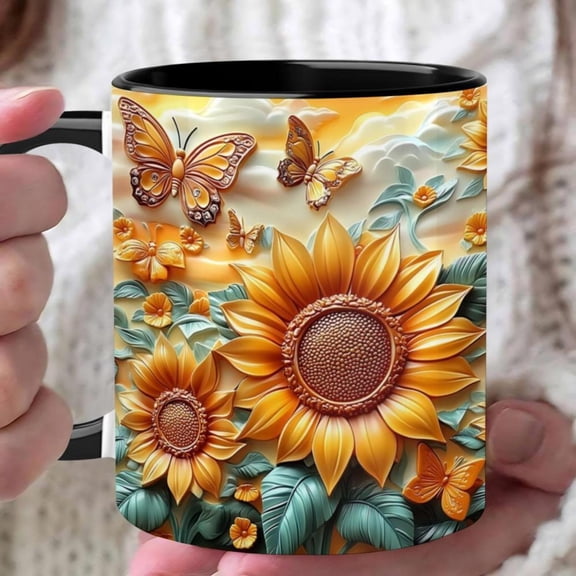 Sunflower theme printed on 11oz coffee mug comfort grip durable ceramic mug dishwasher and microwave a unique keepsake adults family gifts and friend gifts Halloween Christmas