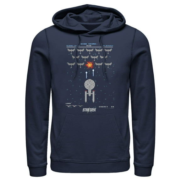 Men's Star Trek Enterprise Pixel Video Game Battle  Pull Over Hoodie Navy Blue Large