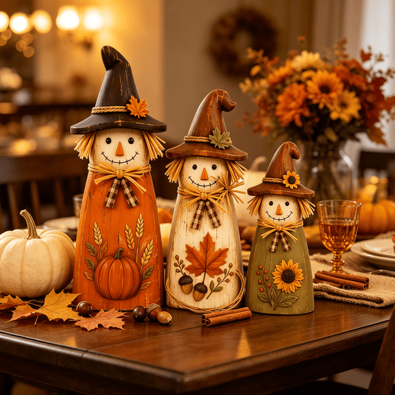 Farmhouse Scarecrow Statues, 3Pcs Rustic Wooden Autumn Figures Tiered Tray Accent for Thanksgiving Mantel Home Decor for Adults