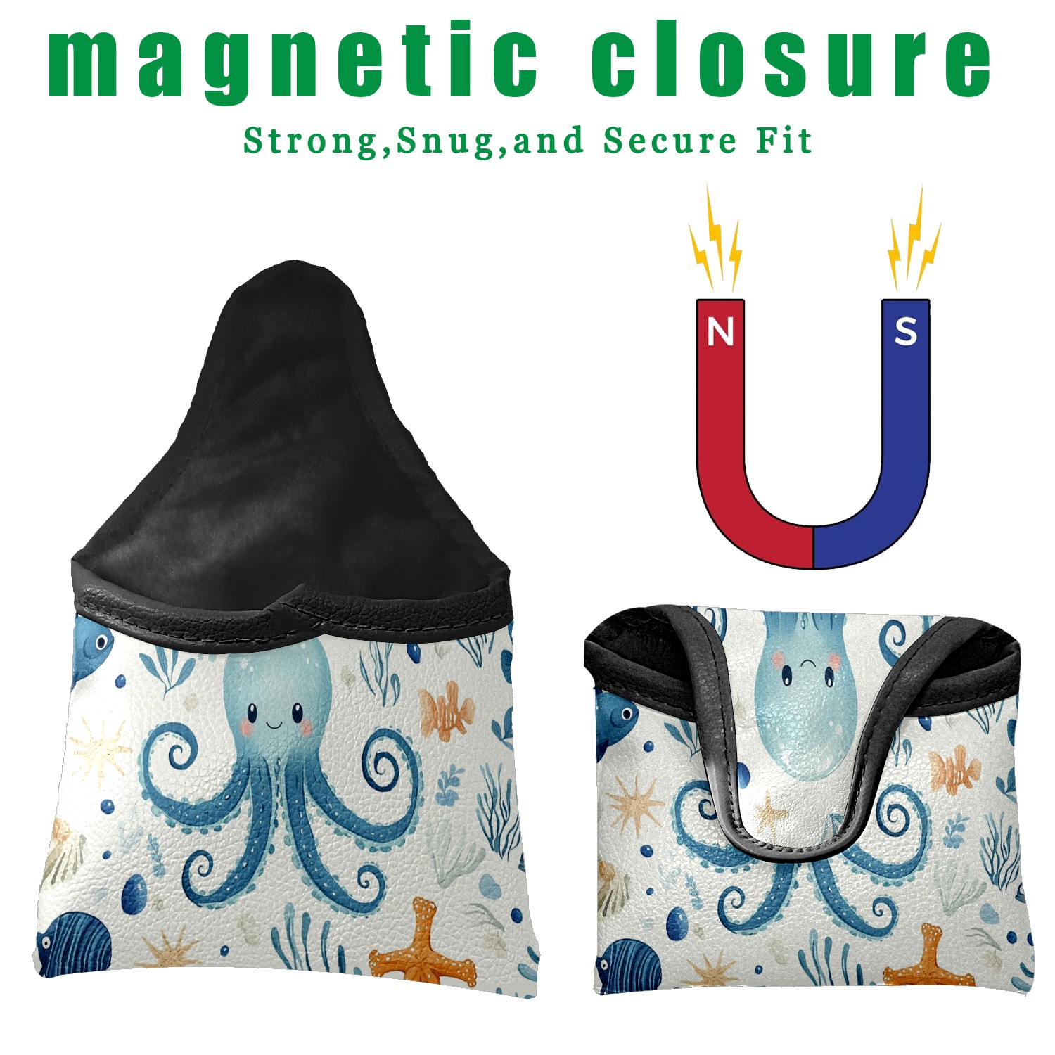 Golf Mallet Putter Cover Premium Leather Golf Putter Head Cover with Magnetic Closure, Golf Cover for Men and Women Cute Cartoon Sea Creatures